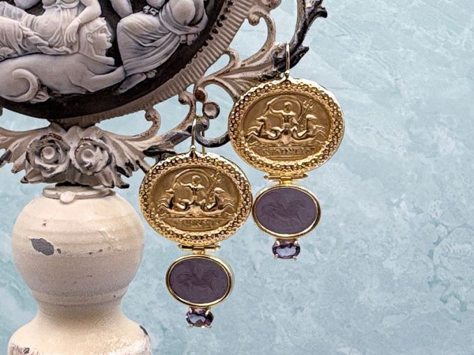 TAGLIAMONTE Designs (SH886E) 14K Venetian Cameo Earrings*Amethyst *Poseidon,Chimera* Reg.$1800