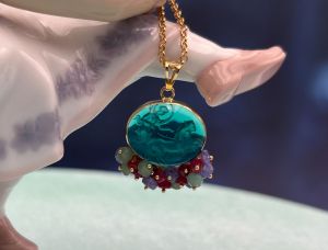 TAGLIAMONTE Designs (SH387P-Green)18K Venetian Cameo Pendant*Grn Quartz, Rubies, Sapphires*Reg.$1300