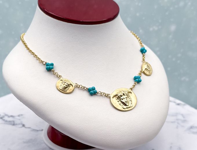 TAGLIAMONTE Designs (1782N) 925SS/YGP Cameo Necklace w/ Turquoise*Medusa*Reg.$300