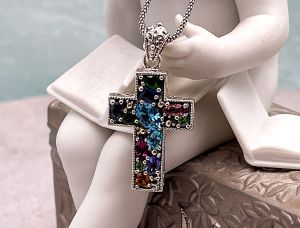 SAMUEL B *BJC* (59681P) 925 SS Cross Style Multi Gemstone Pendant*Reg.$350