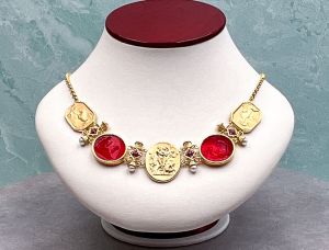 TAGLIAMONTE Designs (SH453N-Red) 18K Venetian Cameo Necklace with *Rubies+ Pearls*Aphrodite, Cupid, Pan*Reg.$5800