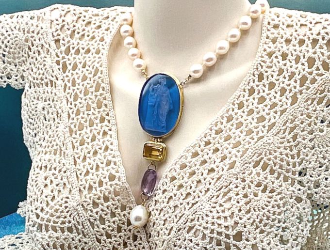 TAGLIAMONTE Designs (LD3529) 18K Venetian Intaglio Necklace w/ Pearls, Citrine, Amethyst*Reg.$2000