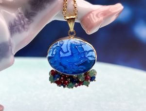 TAGLIAMONTE Designs (SH387P-Blue)18K Venetian Cameo Pendant*Grn Quartz, Rubies, Sapphires*Reg.$1300
