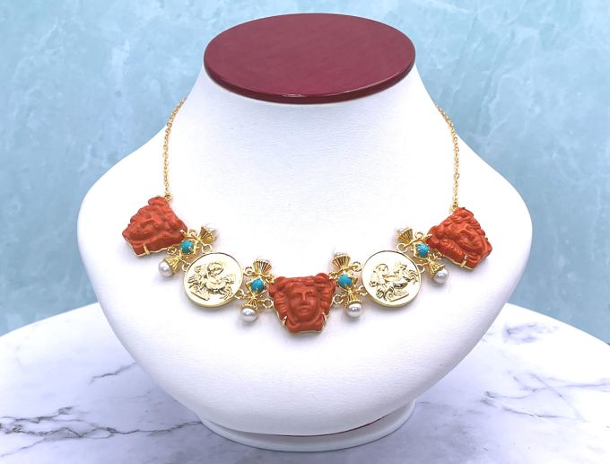 TAGLIAMONTE Designs (SH627) 925SS/YGP Venetian Cameo Necklace w/ Turquoise,Pearls*Medusa, Aurora*Reg.$650