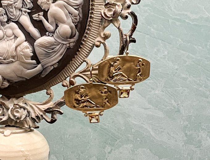 TAGLIAMONTEDesigns (SH969) 18K Cameo Earrings w/ Citrine*Aphrodite,Cupid*Reg.$1700