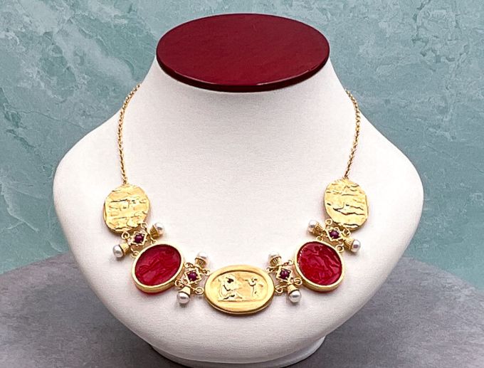 TAGLIAMONTE Designs (SH504N-Red) 18K Venetian Cameo Necklace w/ *Rubies, Pearls*Aphrodite, Cupid, Pan*Reg.$5600