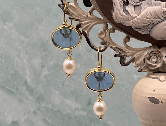 TAGLIAMONTE Designs (2020E) 925SS/YGP Venetian Intaglio Earrings*Diana/Actaeon*Reg.$180