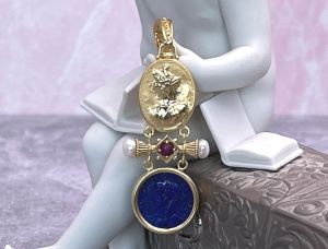 TAGLIAMONTE Designs (RW007) 925SS/YGP Lapis Cameo Pendant *Roman Coin, Mercury*Reg.$275