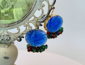 (SH387E-Blue)18K Venetian Cameo Earrings*Grn Quartz, Rubies, Sapphires*Reg.$1900