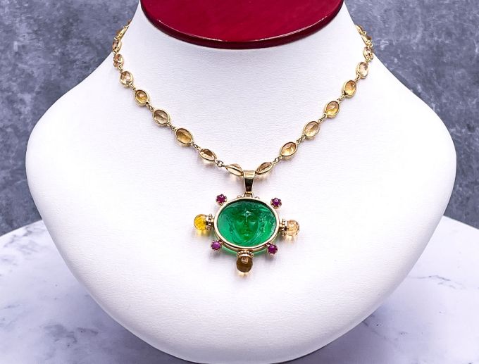 TAGLIAMONTE Designs (LDM7501) 18K Venetian Cameo Necklace with *Rubies+ Citrines* Medusa*
