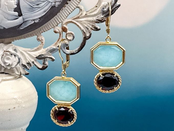 TAGLIAMONTE Designs (2216E) 925SS/YGP Amazonite Cameo Earrings*Reg.$185