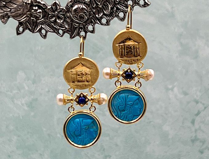 TAGLIAMONTE Designs (2039E) 925SS/YGP Magnesite Cameo Earrings *Troy, Athena*Reg.$280