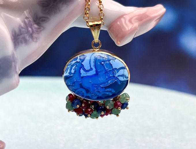 TAGLIAMONTE Designs (SH387P-Blue)18K Venetian Cameo Pendant*Grn Quartz, Rubies, Sapphires*Reg.$1300
