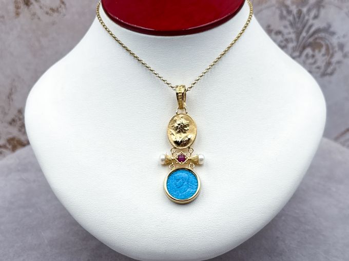 TAGLIAMONTE Designs (1466P-Magn) 925SS/YGP magnesite Cameo Pendant *Roman Coin, Mercury*Reg.$180