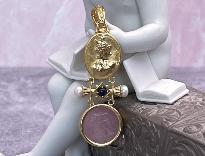 TAGLIAMONTE Designs (RW012) 925SS/YGP Rose Quartz Cameo Pendant *Mercury*Reg.$185