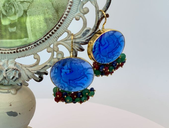 (SH387E-Blue)18K Venetian Cameo Earrings*Grn Quartz, Rubies, Sapphires*Reg.$1900