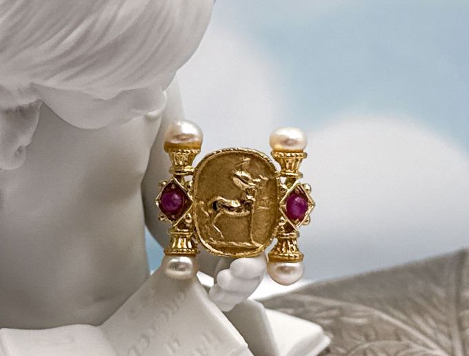 TAGLIAMONTE Designs (PN2622R) 925SS/YGP Cameo Ring w/ Rubies, Pearls*Size 7*Reg.$200